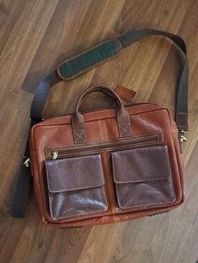 Danier Two-Tone Brown Leather Laptop Briefcase with Shoulder Strap